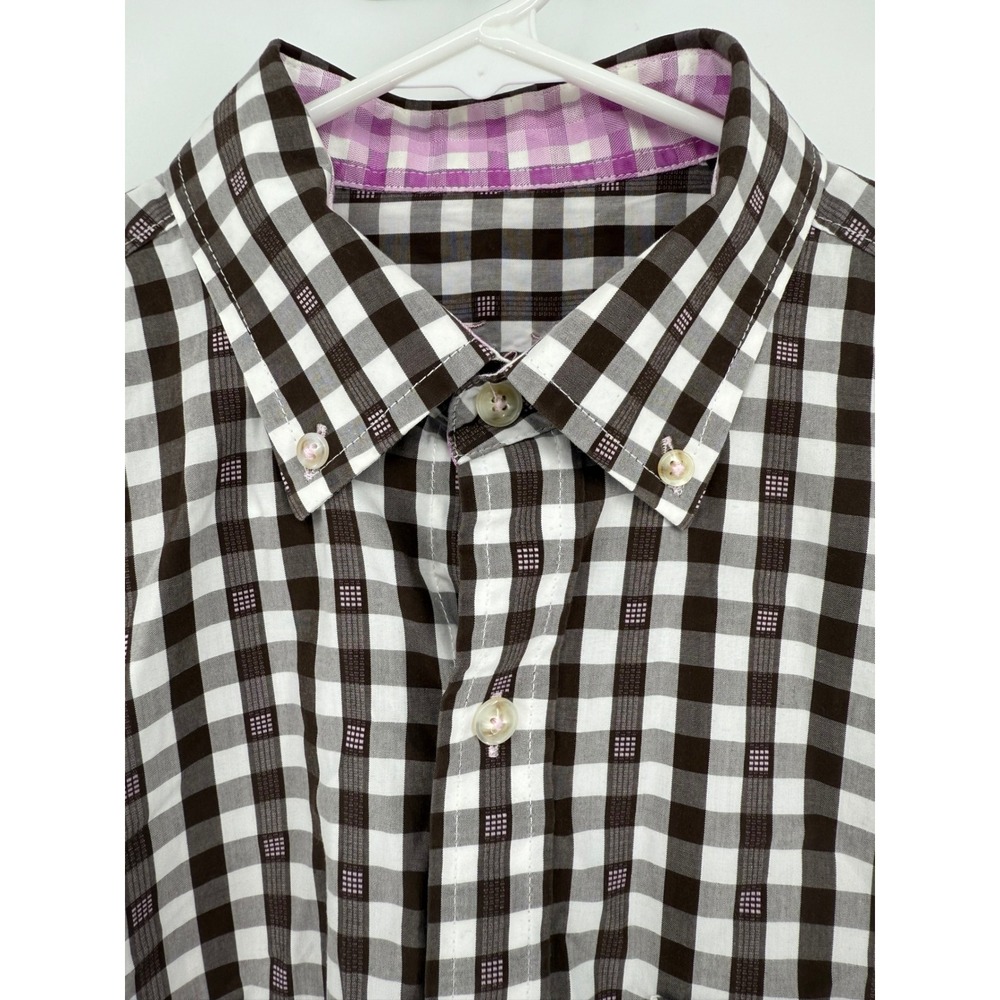 Tasso Elba Brown Checkered Button Down LongSleeve Dress Shirt Size‎ S Flip Cuff